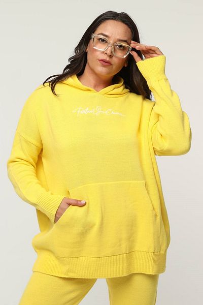 lovebox طقم ملابس تريكو مفصلة بغطاء رأس وتطريز وسراويل ضيقة مقاس كبير بدلة تريكو صفراء 2216