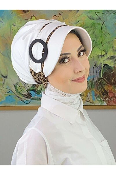 BUTİKAMBAR Nazli Model Buckle Leopard Patterned Hijab White Hat