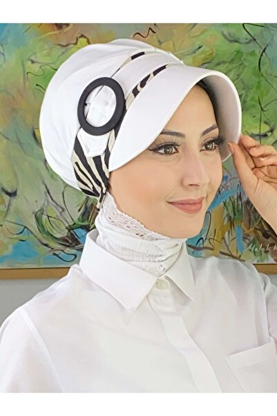 BUTİKAMBAR Nazli Model Large Zebra Patterned Hijab White Hat with Buckle