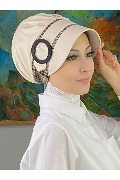 BUTİKAMBAR Nazlı Model Tokalı Ekoseli Ekru Tesettür Şapka