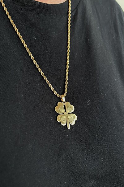 axexuar LUCK NECKLACE 4 LEAVES YONCA GOLD YELLOW COLOR STEEL STAINLESS UNTARNED WOMEN'S MEN'S NECKLACE