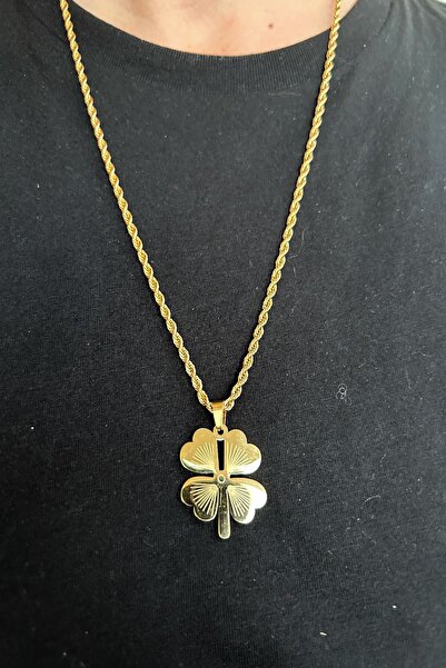 axexuar LUCK NECKLACE 4 LEAVES YONCA GOLD YELLOW COLOR STEEL STAINLESS UNTARNED WOMEN'S MEN'S NECKLACE