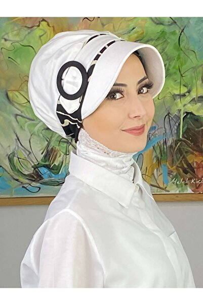 BUTİKAMBAR Nazlı model kopča crni hidžab sa zebrastim uzorkom beli šešir