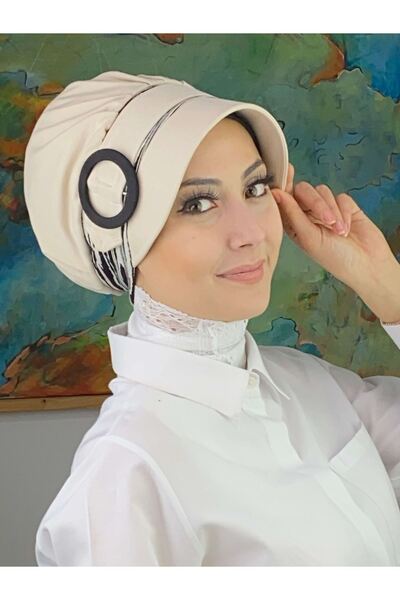 BUTİKAMBAR Nazlı Model Tokalı İnce Çizgili Tesettür Şapka