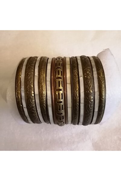 Butik Tülin Kadın otantik el yapımı beyaz doğal sedef parçalı pirinç kombin baskı çiçekli üçlü set bilezik Hint