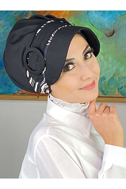 BUTİKAMBAR Nazli Model Large Black and White Zebra Patterned Hijab Black Hat ...