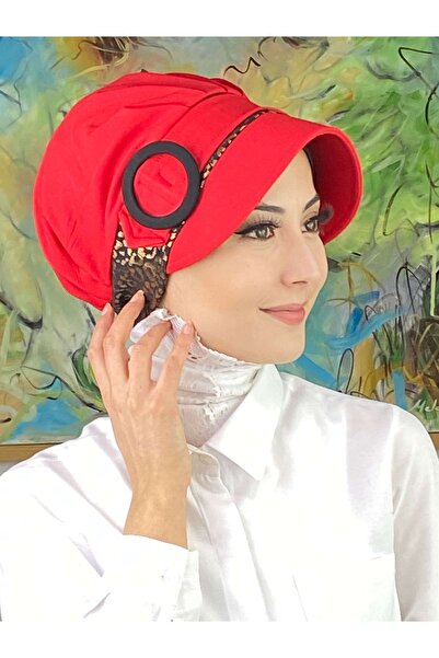 BUTİKAMBAR Nazlı Model Kopča Sjajni Bakarni Leopard Hidžab Crveni Šešir