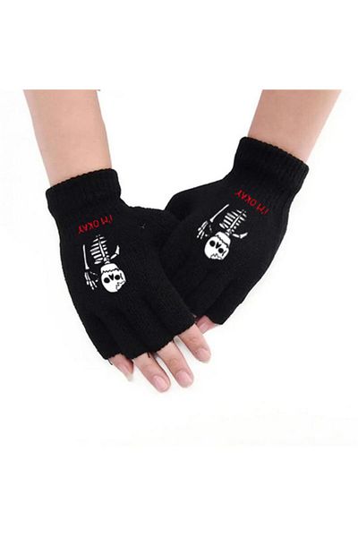 Touz I'm Okay Printed Unisex Black Cut-Out Double Gloves