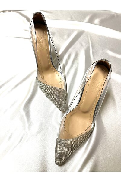 TrendyAnka حذاء نسائي شفاف فضي مرصع بأحجار الكريستال 8 سم بكعب شفاف لحفلات الزفاف والخطوبة والسهرة