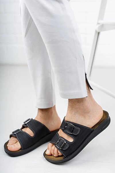 Genel Markalar Çift Kemerli Tokalı Topuk Dikeni Yumuşak Jel Taban Tokalı Günlük Ev Terlik Siyah