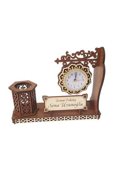 Sanat Hediyelik Kişiye Özel Isimli Ahşap Masa Üstü Isimlik Seti -istasyon Saat, Avukat, Öğretmen Öğretmenler Günü