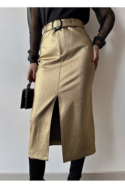 MONAMORE WOMEN'S GLOSSY CANVAS SKIRT WITH SLIT