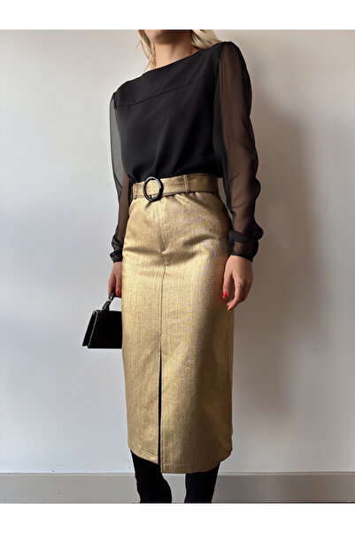 MONAMORE WOMEN'S GLOSSY CANVAS SKIRT WITH SLIT