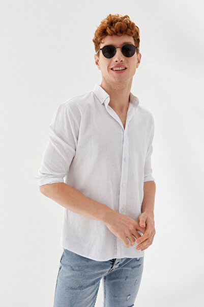 ANDMEN Önü Cepsiz Düz Desen Keten Slim Fit Klasik Uzunkol Gömlek Beyaz