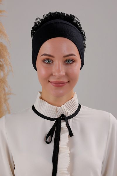 Melodi Scarf Hijab Magic Ruffle Filled - Non-Slip Knob Bonnet Black