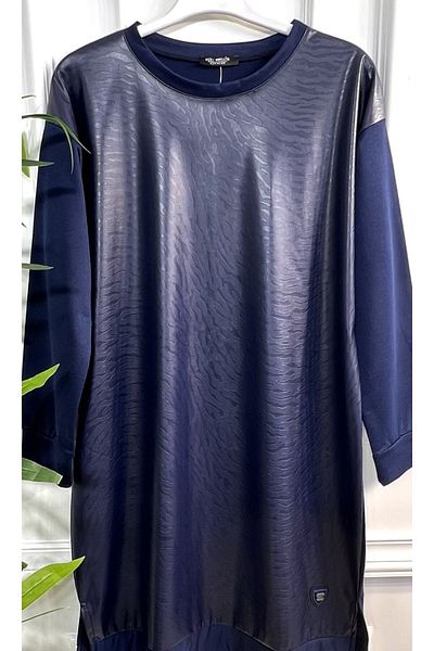 Aşkı Endam Plus Size Leather Zebra Pattern Tunic - Navy Blue