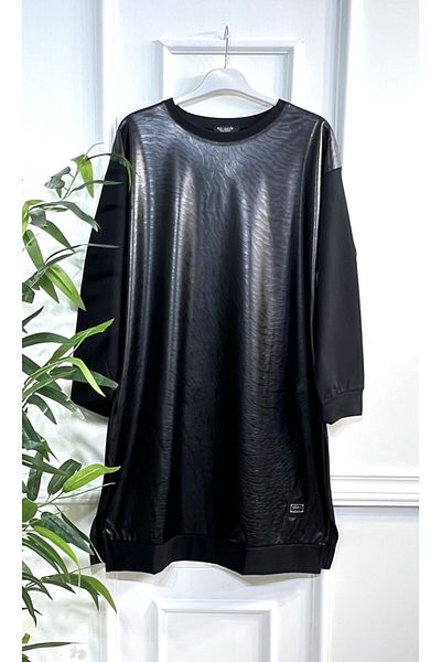 Aşkı Endam Plus Size Leather Zebra Pattern Tunic - Black