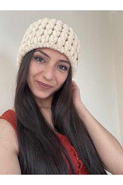 AidaAstrid Bere Kışlık Puffy Bere El Örgüsü Şapka Krem Bej Kayak&snowboard Ba...