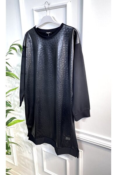 Aşkı Endam Large Size Leather Heart Pattern Tunic Black