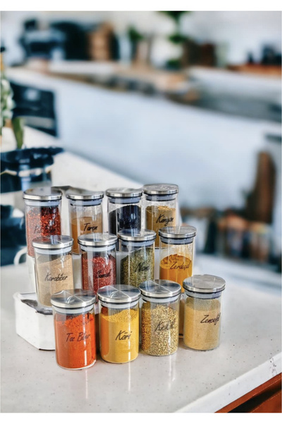 Pembelia Life Set of 12 Labeled 250ml Borosilicate Glass Spice Jar Storage Container with Metal Vacuum Lid