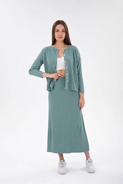 TUSSE Classic Epaulette Buttoned Ribbed Solid Color Skirted Knitwear Cotton Large Size Women's Suit