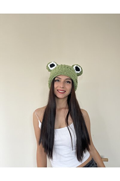 AidaAstrid Yeşil Kurbağa Şapka Puffy Bere Hayvan Figürlü Şapka Kayak&snowboard Kurbağa Gözlü Bere Şapka