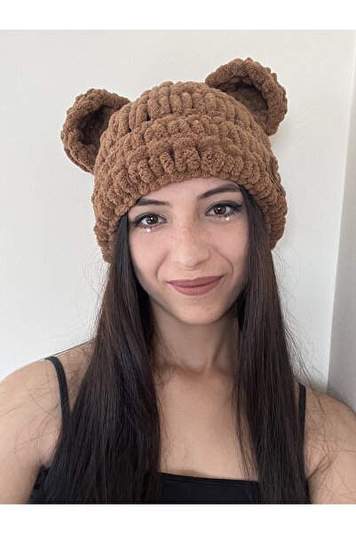 AidaAstrid Bear Hat Beanie Plain Black Bear Eared Beanie Mask Winter Cap with Animal Figures Hand Knitted