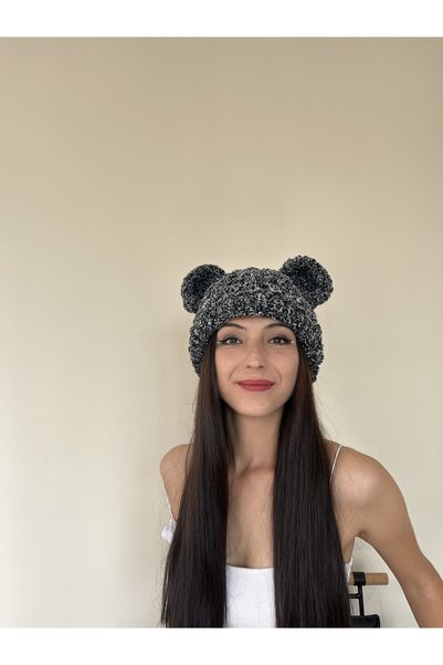 AidaAstrid Bear Hat Beanie Plain Black Bear Eared Beanie Mask Winter Cap with Animal Figures Hand Knitted