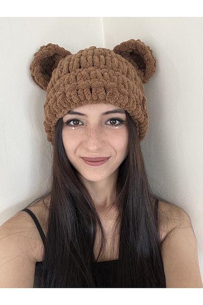 AidaAstrid Bear Hat Beanie Plain Black Bear Eared Beanie Mask Winter Cap with Animal Figures Hand Knitted