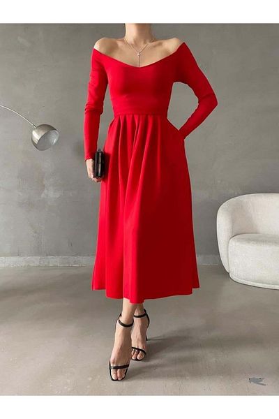 ModaLy Moda Flexible Scuba Fabric Red Color Shoulder Decollete Belted Evening Dress Gl-629 58375