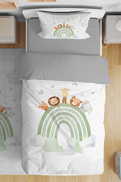 EVPANYA Yeşil Gökkuşaklı Safari Desenli Tek Kişilik Bebek Çocuk Nevresim Seti