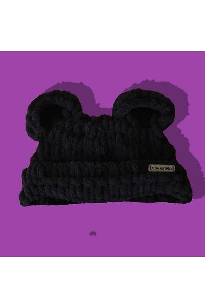 AidaAstrid Bear Hat Puffy Beanie Plain Black Bear Eared Beanie Mask Winter Cap Animal Figured Beanie