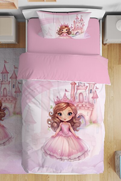 EVPANYA Pembe Kaleli Prenses Desenli Tek Kişilik Bebek Çocuk Nevresim Seti