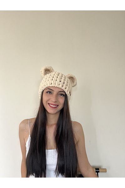 AidaAstrid Teddy Bear Eared Puffy Beanie Animal Figured Cream Beanie Winter Hand Knitted Hat