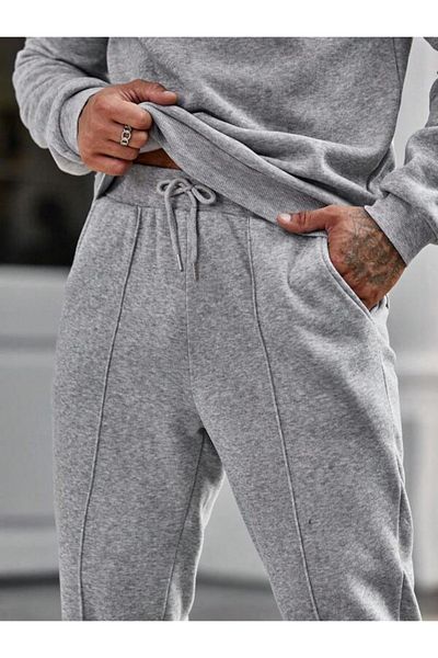 Black Sokak Gray Plain Oversize Men's Hooded Bottom-Top Tracksuit Set