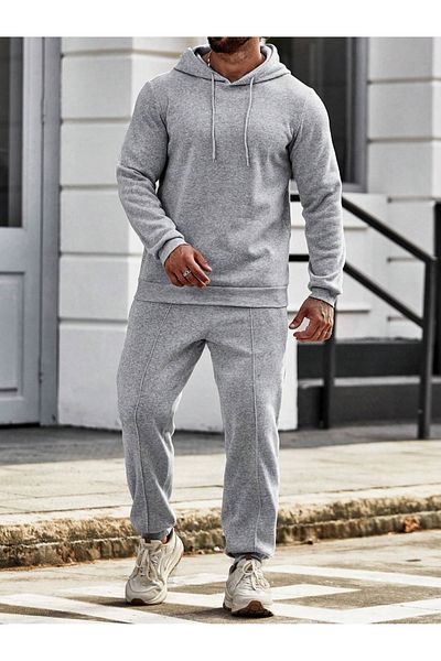 Black Sokak Gray Plain Oversize Men's Hooded Bottom-Top Tracksuit Set