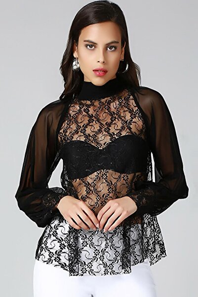 CoolLook Büyük Beden Sırtı Dekolteli ve Kurdele Bağlamalı Dik Yakalı Uzun Kol...