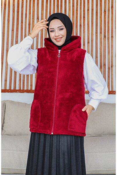 Kardelen Butik Ümraniye Polar Plush Claret Red Hooded Winter Vest