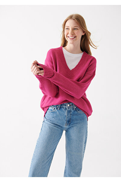 Mavi V Yaka Pembe Kazak Oversize / Geniş Kesim 1710123-82335