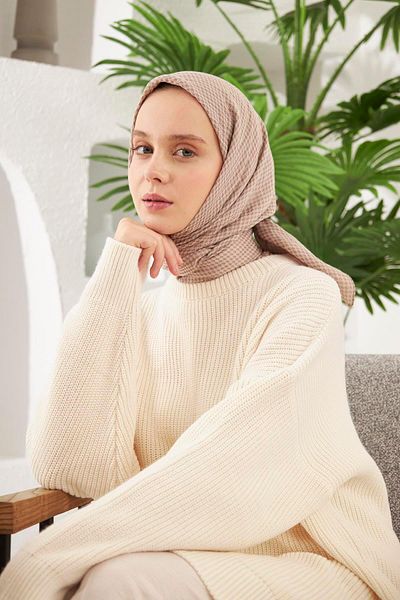 Şalland Houndstooth Pattern Jacquard Scarf Mink