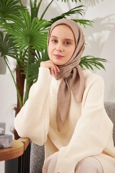 Şalland Houndstooth Pattern Jacquard Scarf Mink