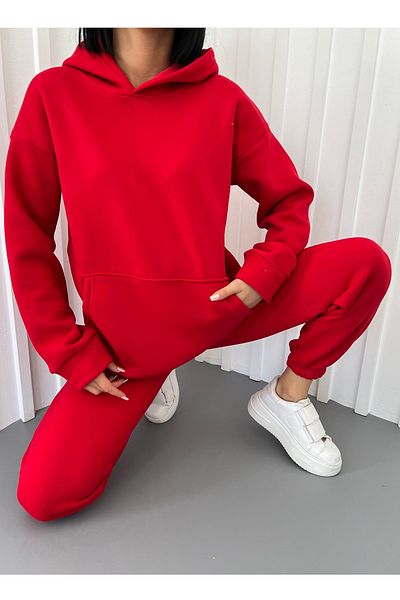 bayansepeti Three Thread Fabric Kangaroo Pocket Hooded Sweatshirt and High Waist Bottom Red Sports Tracksuit Set 400