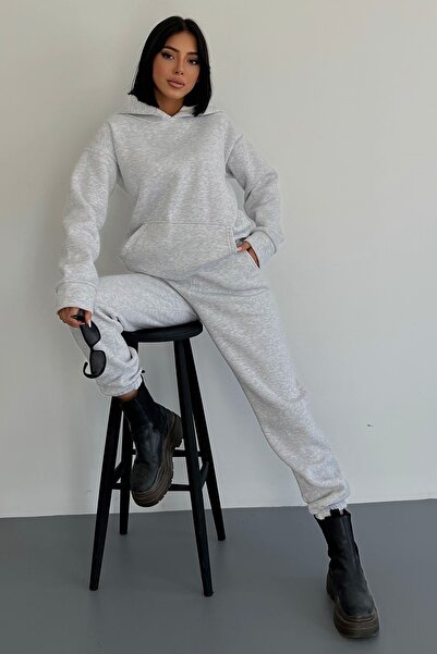 bayansepeti Three Thread Fabric Kangaroo Pocket Hooded Sweatshirt and High Wa...