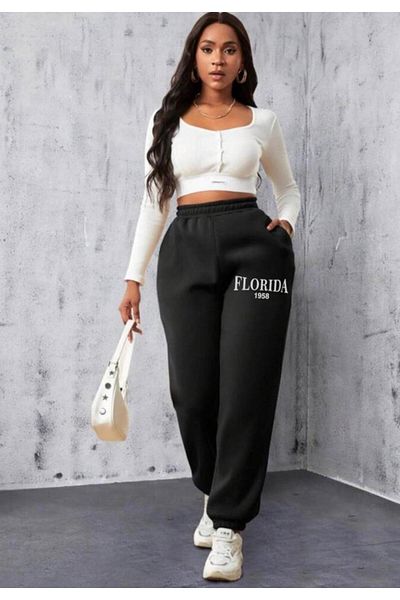 My Blog Γυναικείο μαύρο casual Florida φούτερ με στάμπα με ελαστική μέση και πόδια