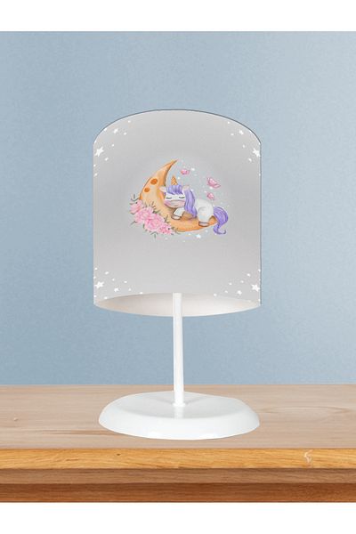 MASAL ODAM Baby and Children's Room Moon Hugging Unicorn Patterned Gray Lampshade