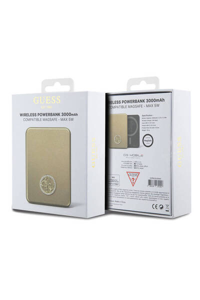 Guess Lisanslı Magsafe Şarj Özellikli Taşlı 4G Logolu Powerbank 3000mAh 5W Gold