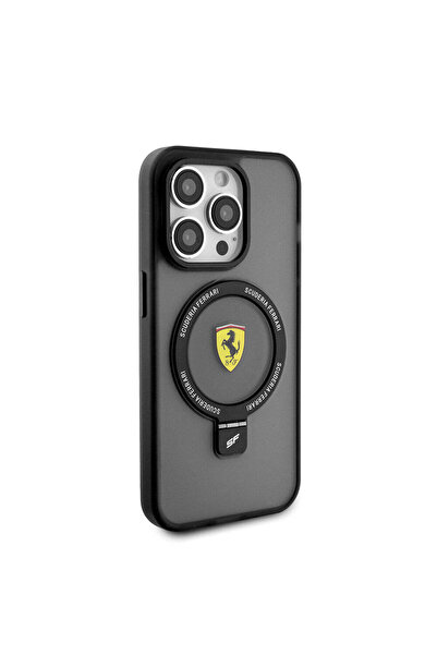 Ferrari iPhone 15 Pro Max Uyumlu Kılıf Ferrari Magsafe Şarj Özellikli Standlı Buzlu Yüzey Dizayn Kapak Siyah