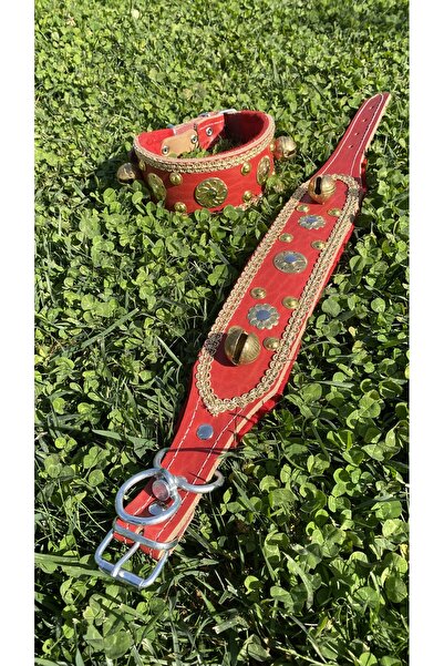 Sürmeli Tasma Puppy Leather Dog Collar with 2 Bells Red