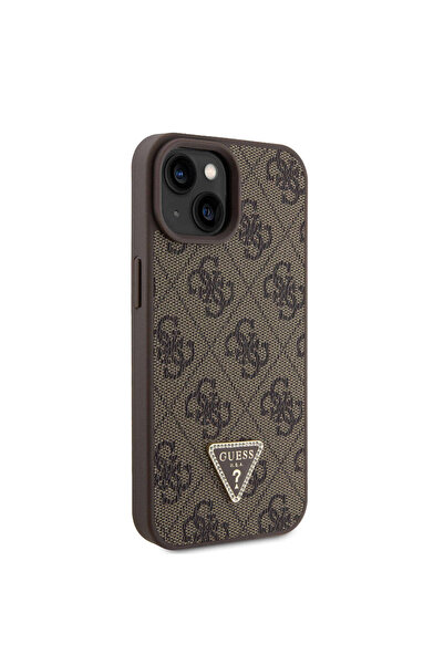 Guess iPhone 15 Uyumlu Kılıf Guess Lisanslı PU Deri Taşlı Üçgen Logo 4G Desenli Strass Kahverengi