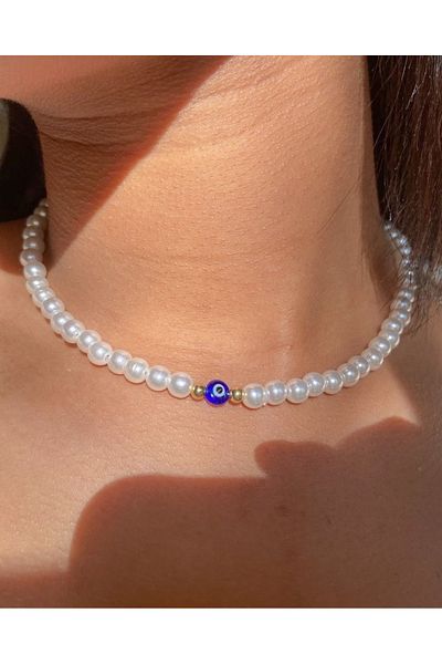 Stoneday Blue Glass Evil Eye Beaded Gold Detailed Pearl Necklace